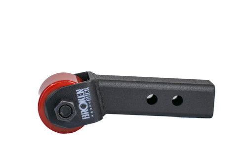 Max Clearance Hitch Roller with red wheel mounted in receiver hitch